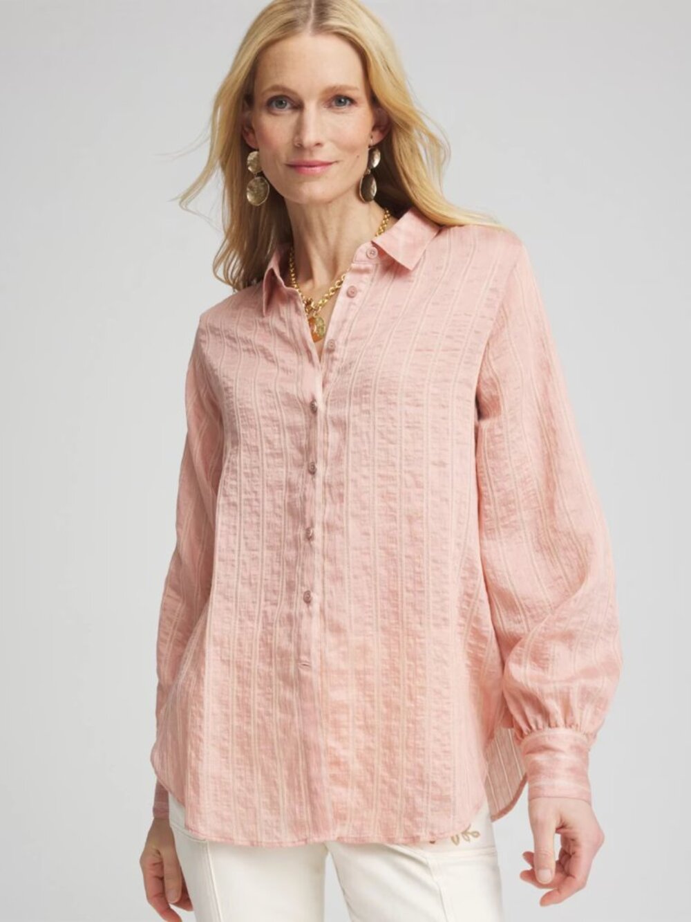 CHICO'S Classic Soft Crinkle Button-front Blouse in Peach Pink Size 3.5/18